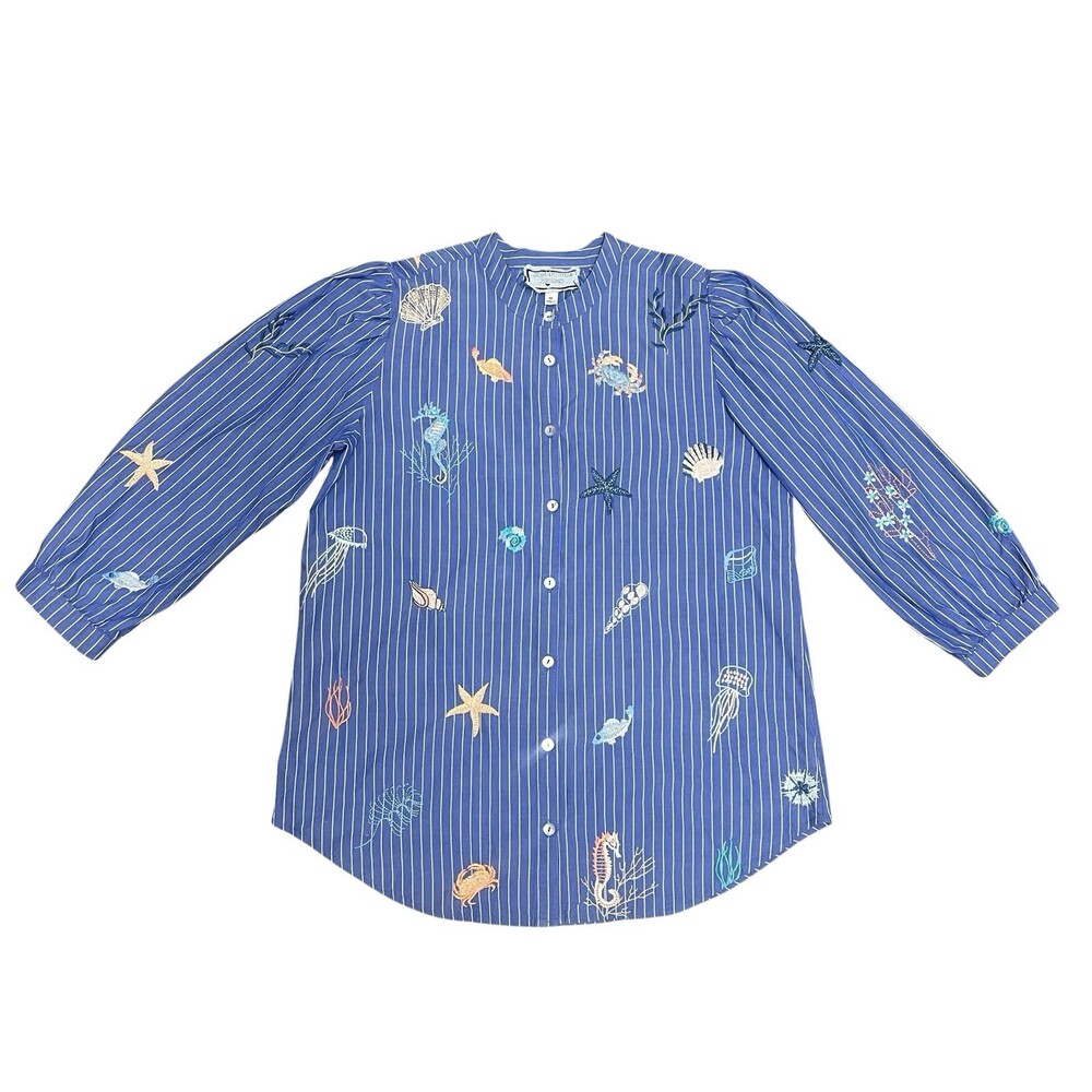 Johnny Was Workshop Striped Blue Embroidered Seashells Ocean Shirt XS Blouse - Picture 10 of 14